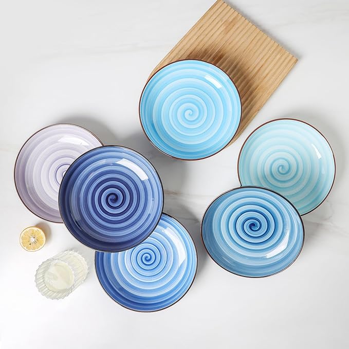 KitchenTour Large Pasta Bowls 34 oz, Ceramic Salad Serving Bowls Set of 6, 8.6 Inch Wide and Shallow for Soup- Dishwasher and Microwave Safe, Assorted Cool Colors