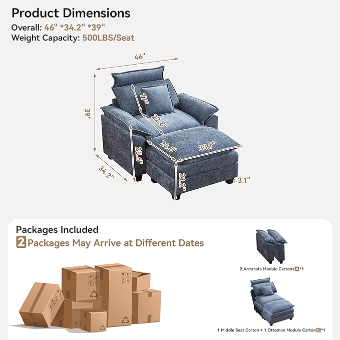 46''Cloud Oversized Sofa Chair with Detachable Headrest, Upholstered Comfy Arm Accent Chair with Ottoman,Modern Chenille Reading Lounge Armchair for Living Room,Bedroom, Blue