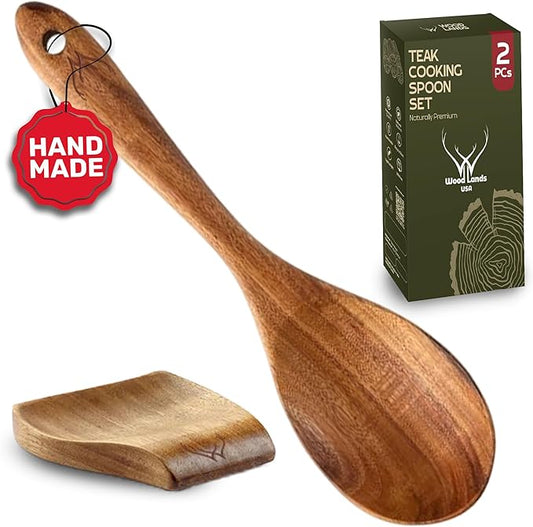 Premium Teak Wooden Spoon for Cooking 12” Long Handle - Cooking Utensils Set for Women & Chefs, Elegant Wooden Kitchen Utensil Set with Rest, Essential Wooden Utensil Set for Kitchen & Perfect Gifts