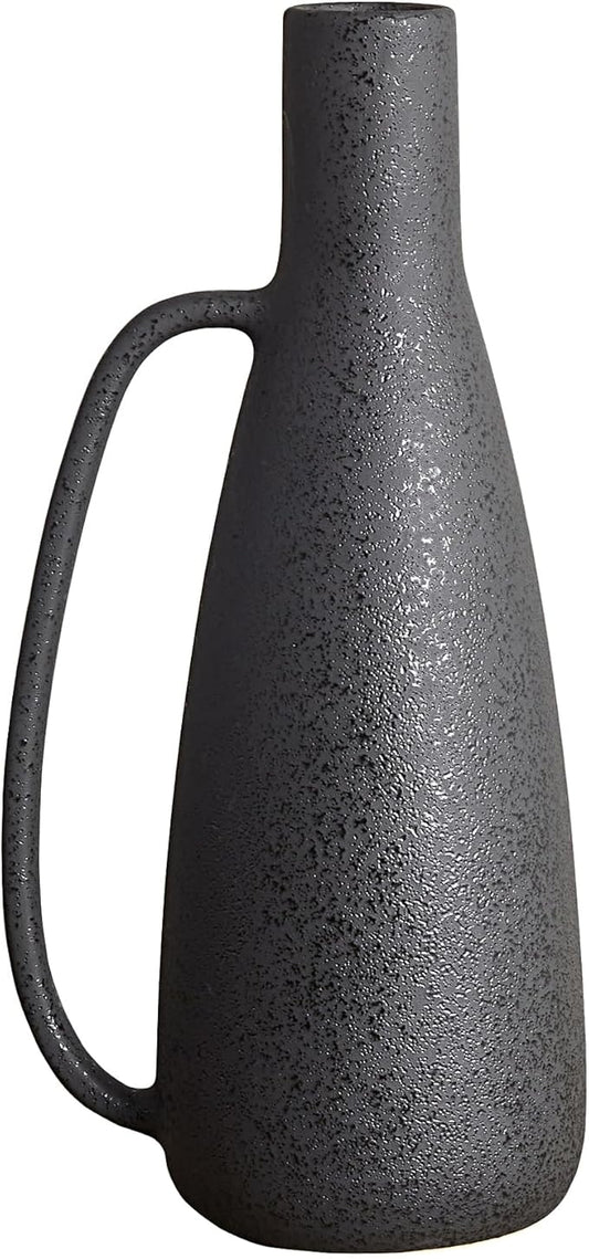BlossoME Black Vases Home Decor, 13 Inch Tall with Handle, Matte Rustic Pottery Table Vessel, Large Jug Centerpiece, Living Room Modern Decor