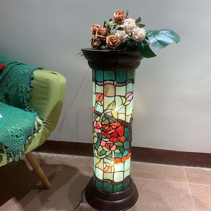 Bieye L10823 Rose Flower Tiffany Style Stained Glass Pedestal Floor Lamp for Decorating, 26 inches Tall