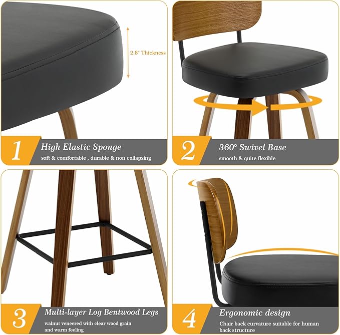 Swivel Counter Height Bar Stools Set of 4, Mid-Century Modern Upholstered Faux Leather Barstools with Wood Back, 26" Seat Height Bar Stools for Kitchen Island, Black Seat and Walnut Frame