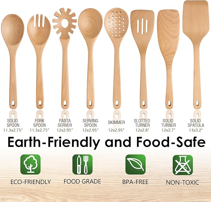 Kitchen 8-Piece Beech Wood Kitchen Utensil Set – Wooden Cooking Spoons with Spatula, Skimmer, Pasta Scoop & Turner, Durable Wooden Cooking Tools Safe for Nonstick Cookware by Howhong