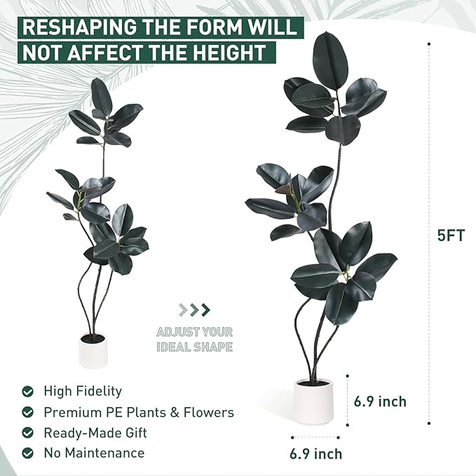 Artificial Rubber Tree Plant -5FT Faux Plants Indoor with Planter,Tall Fake Trees Lifelike Branches & Foliage,Large Artificial Plants Indoor for Home Office Floor Patio