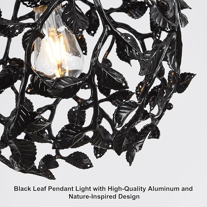 Black Round Tree Branch Pendant Lights Kitchen Islands, 13.8" Modern Farmhouse Adjustable Hanging Light Fixtures, Matte Black Metal Spherical Leaf Pendant Lighting for Dinning Room Bedside Hallway