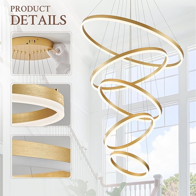 5-Rings D31.5’’ Modern LED Chandelier Gold Dimmable High Ceiling Chandeliers Foyer with Remote Control for Entryway Living Room Dining Room Staircase, 3000K-6500K