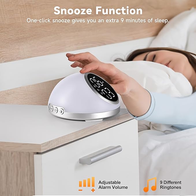 Alarm Clocks Bedrooms Sleep Sounds, Digital Dual Alarm Clock Bedroom, Bedside Alarm Clock Adjustable Brightness Button/App Control Night Light White Noises 12/24H Up to 10 Alarms, Silver