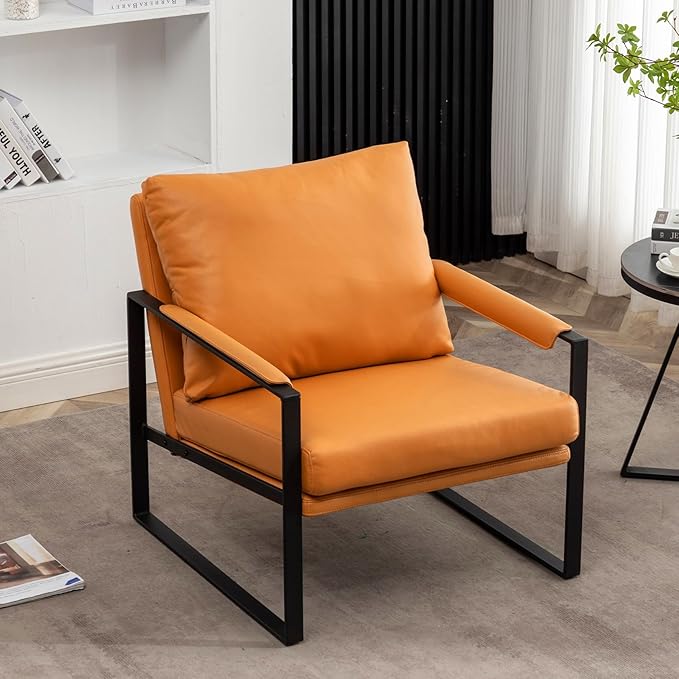 UNICOO Faux Leather Metal Frame Accent Chair - Modern Accent Chairs for Living Room, Bedroom, or Office - Armchairs Living Room Chairs Leisure Chair Reception Chair (ZKL-239K-CM Hermes Orange)