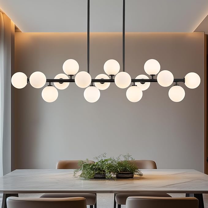 Modern Chandeliers for Dining Room Kitchen Island, 55" Long Large Linear Sputnik Globe Chandelier, 16-Light Mid Century Modern Light Fixture Over Table, Black and Milk White Bubble, GC-08