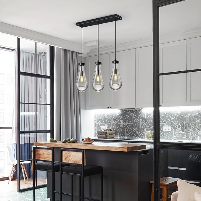 Raindrop Pendant Lights Kitchen Island Teardrop Black Hanging Light Fixtures Clear Solid Glass Pendant Light Modern Chandeliers for Dining Room Porch Corridor Living Room(Long Plate-3 Lights)