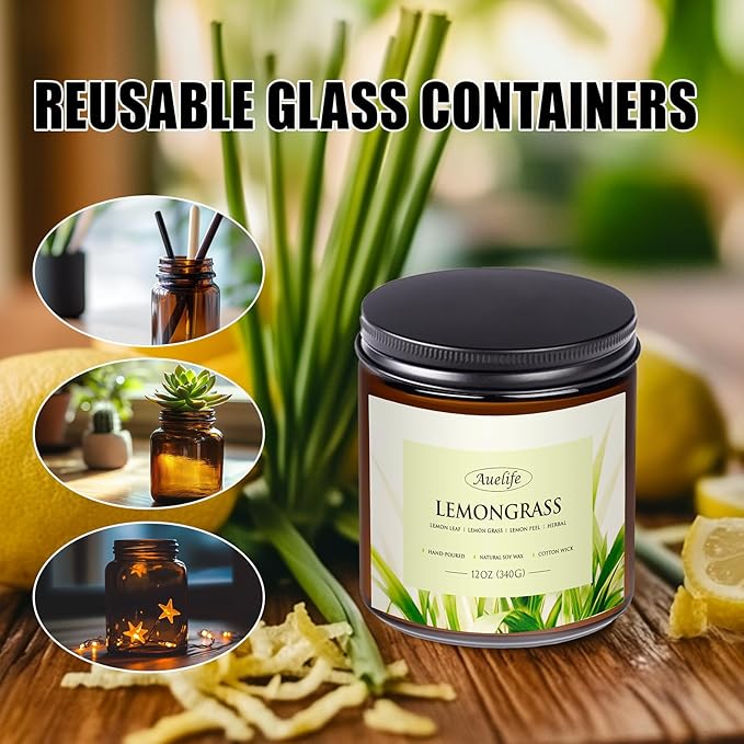 Lemongrass Scented Candle | 3-Wick Jar Candle - 12oz Natural Soy Wax - Citronella Scent for Indoor Outdoor Use, Long Lasting Aromatherapy Gifts for Fathers Day, Summer, 50+ Hour Burn