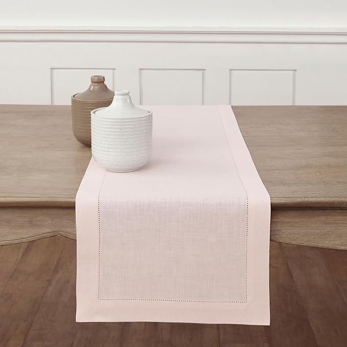 Solino Home Linen Pink Table Runner 132 Inches Long - 100% Pure Linen Extra Long Table Runner 14 x 132 Inch for Halloween - Classic Hemstitch