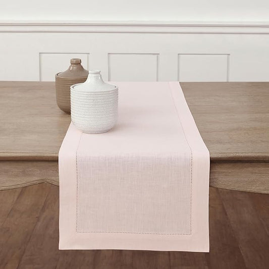 Solino Home Linen Pink Table Runner 132 Inches Long - 100% Pure Linen Extra Long Table Runner 14 x 132 Inch for Halloween - Classic Hemstitch