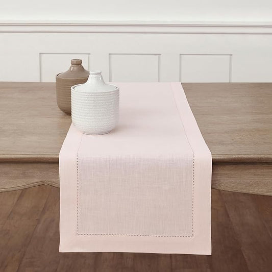 Solino Home Linen Pink Table Runner 108 Inches Long - 100% Pure Linen 14 x 108 Inch Table Runner for Halloween - Classic Hemstitch