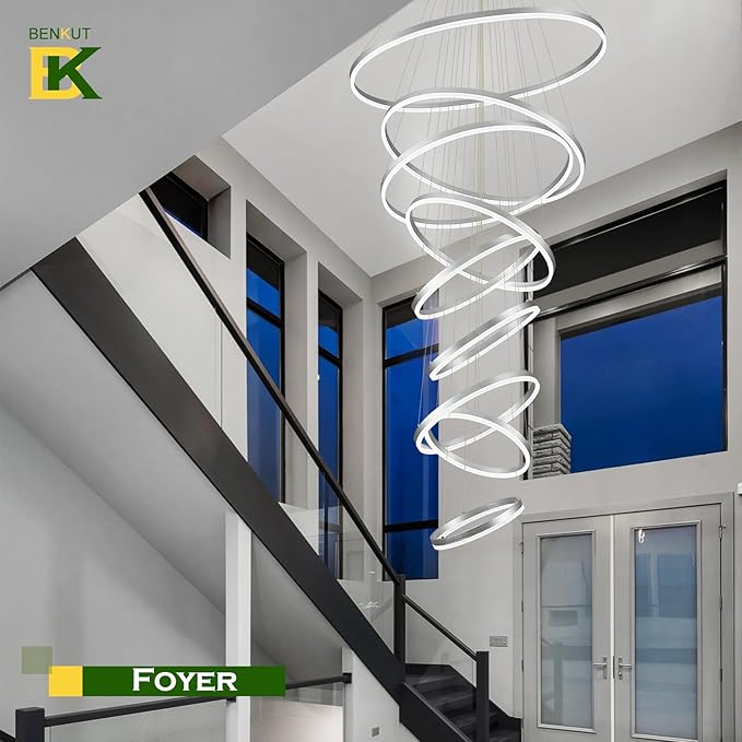 9 Rings Modern LED Chandelier Silver Dimmable Large Foyer Chandeliers Entryway High Ceiling for Staircase, High Ceiling Pendant Lights for Entryway Living Room, 3000K-6500K CCT
