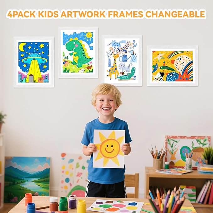 4-Pack Kids Artwork Frames 10x12.5 Front Opening Kids Art Frame for Wall Art work Picture Display Holds 50+ Pcs for Kids Drawings Changeable Frames for Kids' Artwork Storage and Display – White
