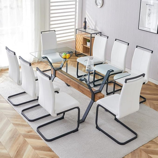 9 Piece Glass Dining Table Set, Kitchen Table Chairs Set for 8, 71'' Dining Table with 0.4" Tempered Glass Tabletop with Plated Metal Legs and MDF Crossbar, 8 PU Chairs for Dining Room, Kitchen.