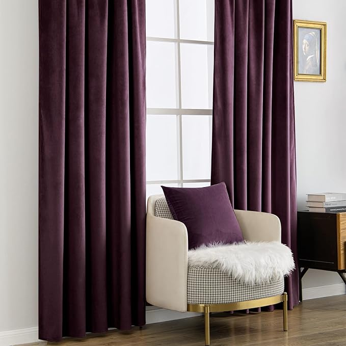 MIULEE Dark Purple Velvet Curtains 90 inches - Luxury Blackout Curtains for Bedroom Living Room Thermal Insulated Super Soft Window Drapes Rod Pocket & Back Tab, W52 x L90 inches, 2 Panels