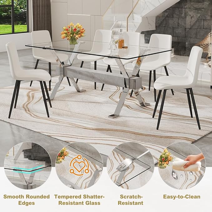 71'' Glass Dining Table Set for 6,7 Piece Dining Table Set with Tempered Glass Tabletop and Open‑Frame X‑Shaped Metal Base,Kitchen Table and Chairs Ideal for Dining Room&Home Office