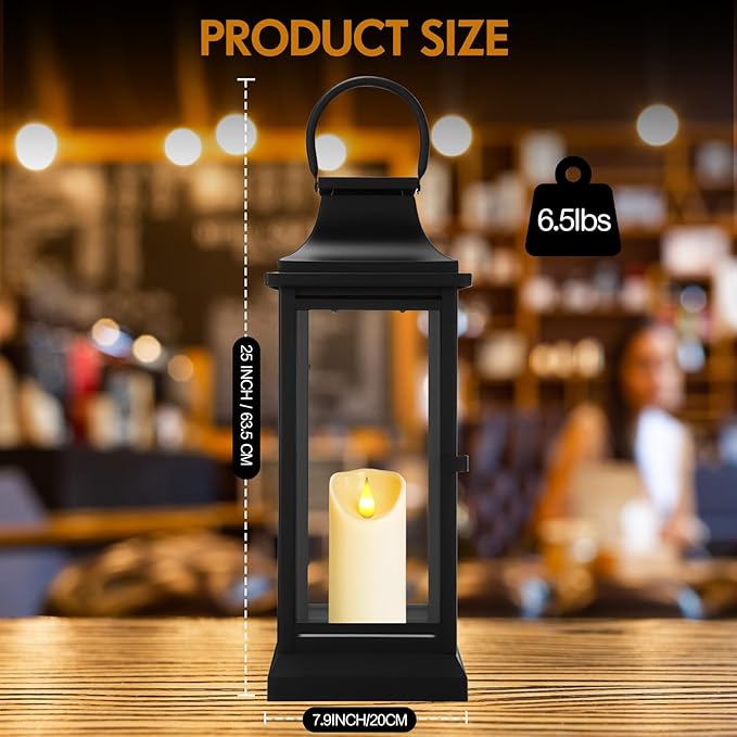 Nuogo 25 Inch Large Metal Lanterns with Glass Panels Black Hanging Vintage for Table Porch Home Party Decor Gift Indoor Outdoor, Candle Not Includes