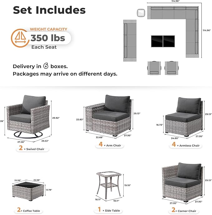 ovios 15 Pieces Patio Furniture Set, Outdoor Wicker Sectional Sofa with Swivel Chairs Coffee Table, Modern Modular Deep Seat Rattan Couch Conversation Sets, Black