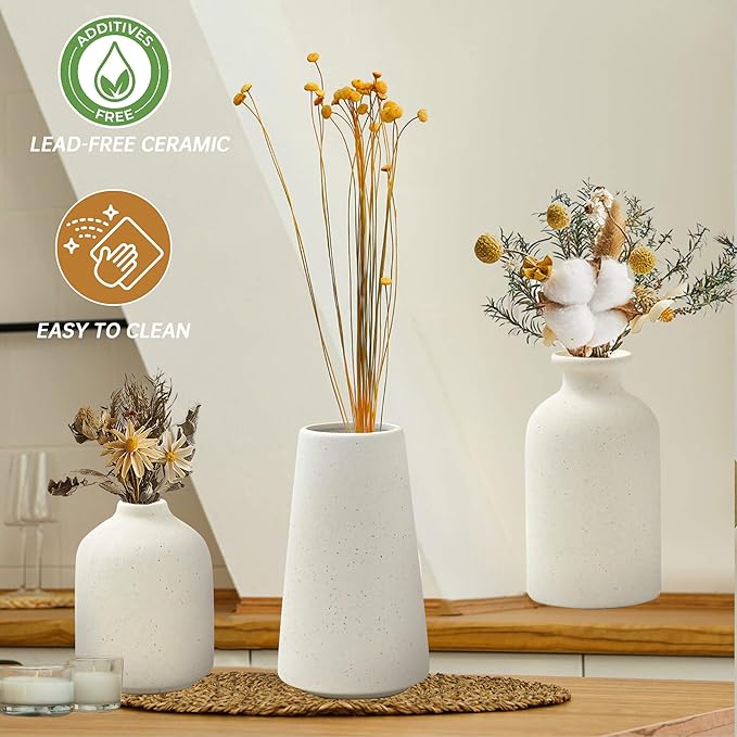 Beige Ceramic Vases Set of 3 for Pampas Grass & Dried Flowers, Creative Modern Boho Farmhouse Décor, Small Ceramic Vase for Shelf, Desk, Bookshelf and Entryway