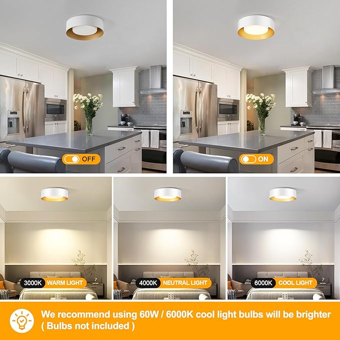 Modern Flush Mount Ceiling Lights,Minimalist 12.5IN Round Close to Ceiling Light Fixtures,White and Gold Metal Ceiling Lighting Lamp for Kitchen,Bedroom, Entryway,Hallway