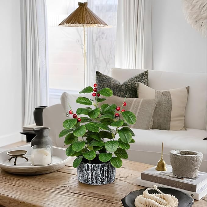 Artificial Plants Decor Greenery Fake Ficus Leaf with Red Seeds Indoor Potted 14" Fake Plant in Rustic Black Ceramic Planter for Farmhouse Room Christmas Kitchen Office Table Desk Decor