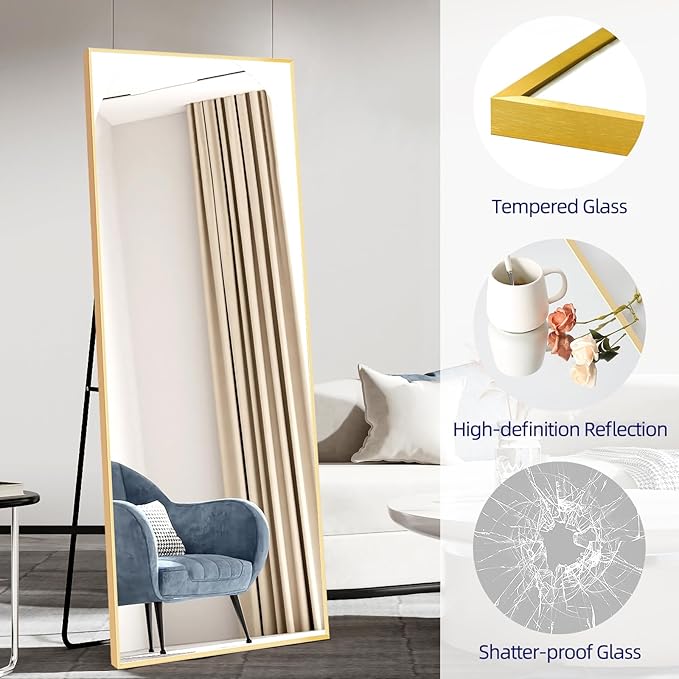 65"x24"Full Length Mirror with Stand,Gold Large Mirror,Shatterproof Tempered Glass&Aluminum Alloy Frame,Freestanding Full Body Mirrorr for Bedroom,Living Room,Dressing Room
