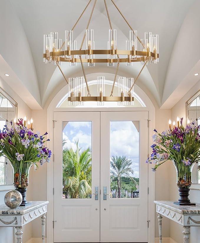 48" Gold Chandelier, 2 Tier Wagon Wheel Chandelier with Glass Shade, 24-Lights Large Round Modern Farmhouse High Ceilings Pendant Lighting Fixture for Dining Room, Living Room, Kitchen, Foyer