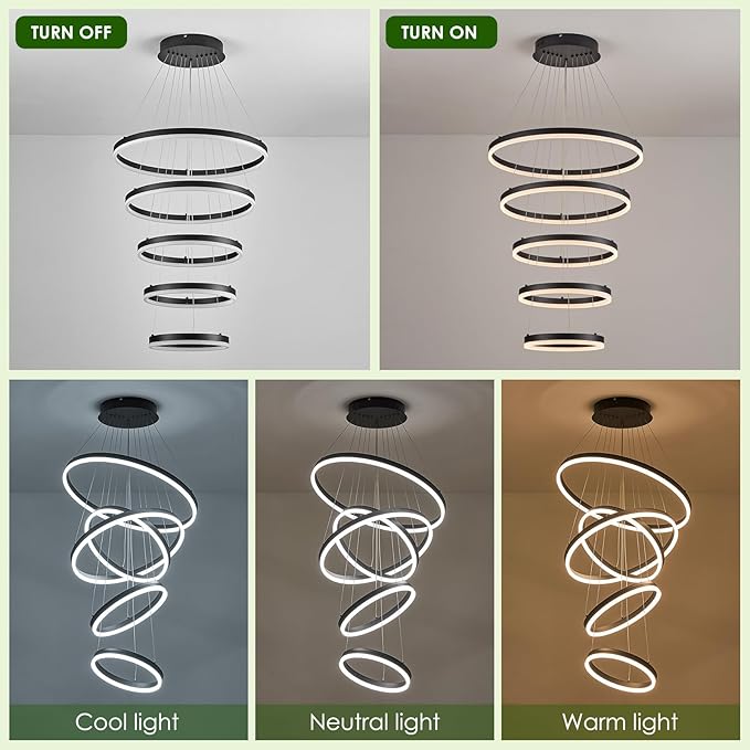 5-Rings Modern LED Chandelier Black High Ceiling Chandelier with Remote Control Dimmable Pendant Lighting for Dining Room Foyer Living Room Entryway Staircase(3000K-6500K, D23.6’’)