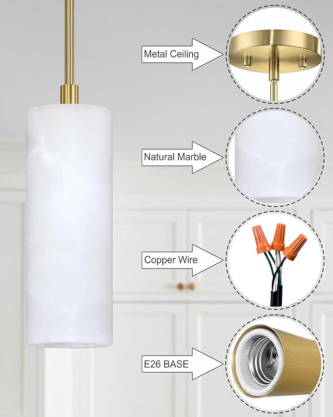 1 Light Modern Industrial Farmhouse Hanging Kitchen Island Pendant Ceiling Light Fixture,Cylinder Natural Alabaster Marble Brushed Bronze Finish Over Sink Restaurant bar Corridor