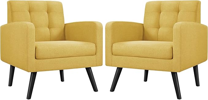 Yaheetech Mid-Century Accent Chairs, Modern Upholstered Living Room Chair, Cozy Armchair Button Tufted Back and Wood Legs for Bedroom/Office/Cafe, Set of 2, Yellow