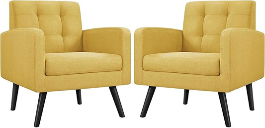 Yaheetech Mid-Century Accent Chairs, Modern Upholstered Living Room Chair, Cozy Armchair Button Tufted Back and Wood Legs for Bedroom/Office/Cafe, Set of 2, Yellow