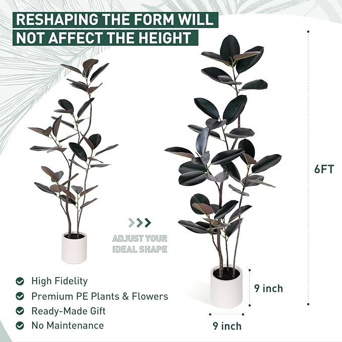 Artificial Rubber Tree - 6 FT Tall Fake Tree with Pot - Large Artificial Plants Indoor, Lifelike Branches & Foliage - Faux Plants Indoor for Home Office Living Room Floor Patio Greening