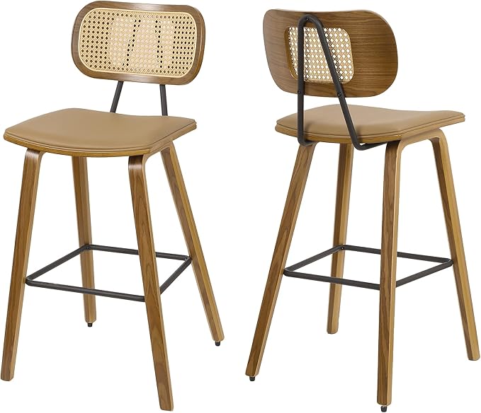 Counter Height Bar Stools Set of 3, Mid Century Modern Counter Stools, 26" Wood Kitchen Stool PU Leather Upholstered Barstool with Rattan Back, Counter Height Island Dining Bar Chair, Brown & Walnut
