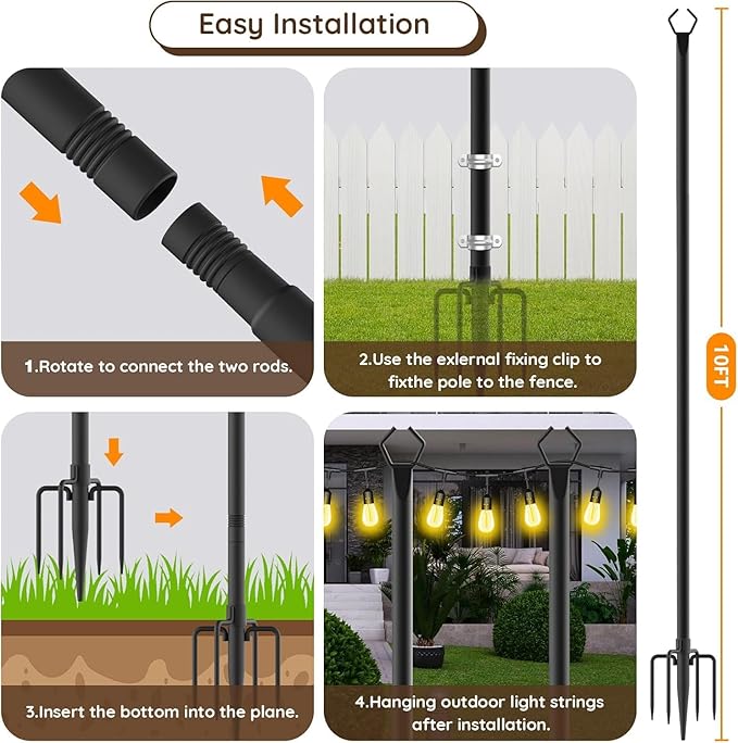 AILBTON 7 Pack 10Ft String Light Poles,Light Poles for Outside String Lights,Outdoor Light Poles with Fork,Metal Pole Stand for Patio,Backyard,Deck
