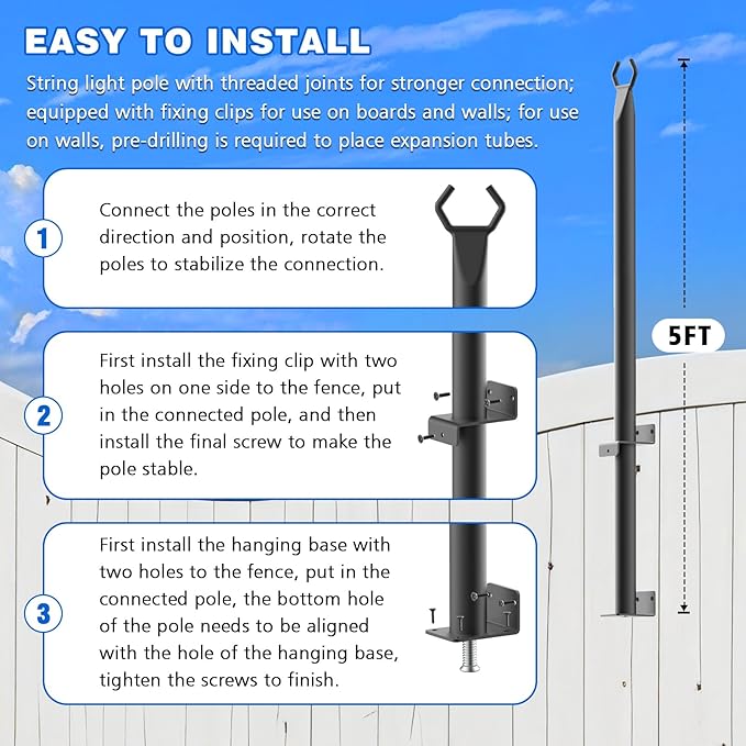 zoegi 4 Pack 5FT String Light Poles,Light Poles for Outside Lights with Fork,Outdoor Brackets Hanging Lights,Metal Stand for Deck Patio,Backyard,Wedding,Deck,Party