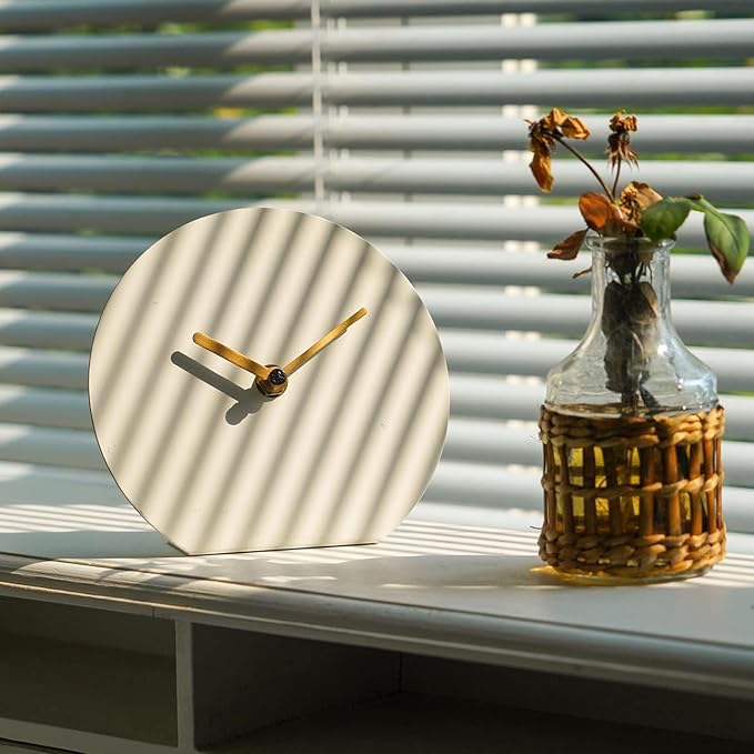 SOFFEE DESIGN 6'' One-Piece Table Clocks Without Scale Modern Minimalist Style Decoration, Iron Silent Quartz Desk Clock Creative Ornaments, Battery Operated Non Ticking for Home, White