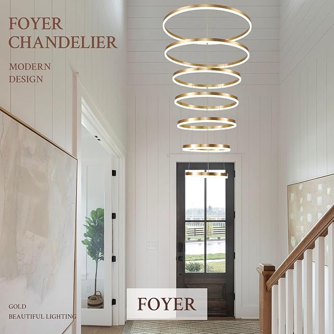 7-Rings D31.5’’ Modern LED Chandelier Gold Dimmable High Ceiling Chandeliers Foyer with Remote Control for Staircase Entryway Dining Room Living Room, 3000K-6500K