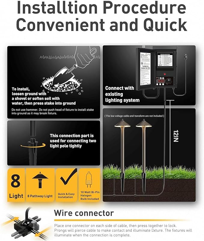 10W Pro Style Low Voltage Landscape Pathway Lights Kit 8Pack, 2700K Warm White, Decorative Yard & Garden Lighting 8308-9103-08