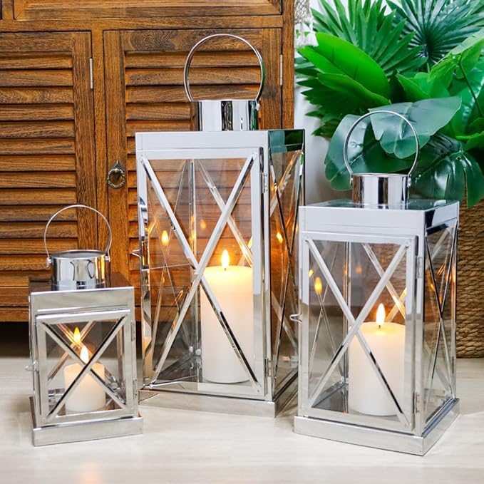 TRIROCKS Silver Stainless Steel Lantern Set of 3-Square Elegance 8/12/16 Inch Opulent Metal Candle Lanterns Candle Holder with Tempered Glass for Home Garden Indoor Outdoor Decor Celebratory Everyday