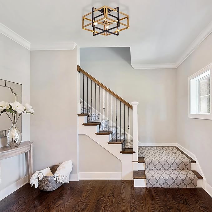 TOCHIC Flush Mount Ceiling Light, Black Gold Farmhouse Flush Mount Chandelier 4 Lights Industrial Metal Light Fixture for Dining Room, Living Room, Foyer, Hallway, Bedroom