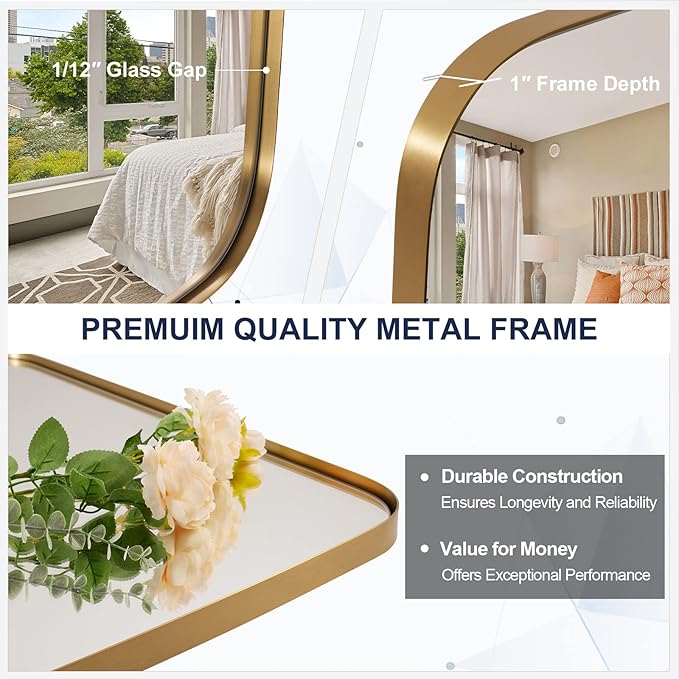 ANDY STAR Gold Mirror for Bathroom, 28x36 Inch Stainless Steel Metal Frame Oblong Bathroom Mirror for Vanity, 1’’ Deep Wall Mounted Vertically/Horizontal