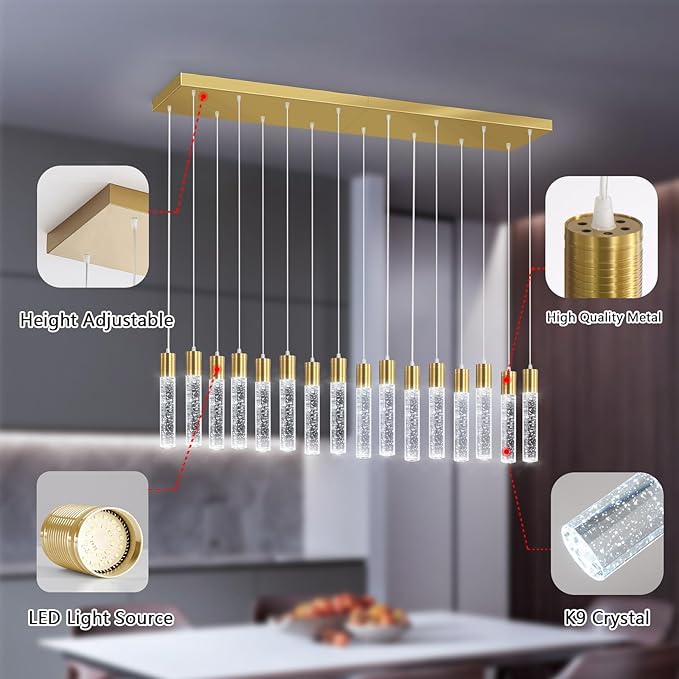 16-Lights Modern Crystal Rectangular Chandeliers LED Pendant Light for Kitchen Island High Ceiling Chandelier for Dining Room Entrance Foyer Living Room Gold