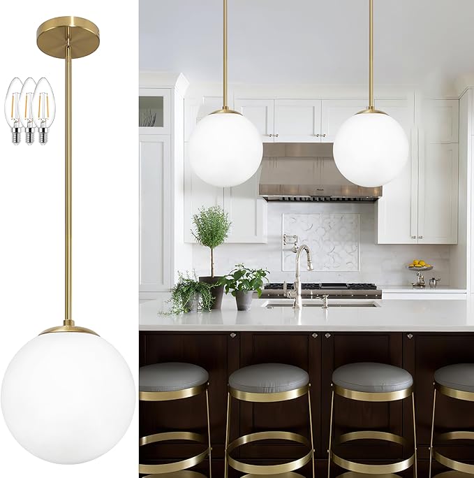 13.7" Globe Pendant Light 3-light Gold Mid Century Modern Light Fixture Milk Glass Pendant Light Globe Pendant Lights Kitchen Island Brushed Brass Finished with Milk Glass Lampshade for bedroom