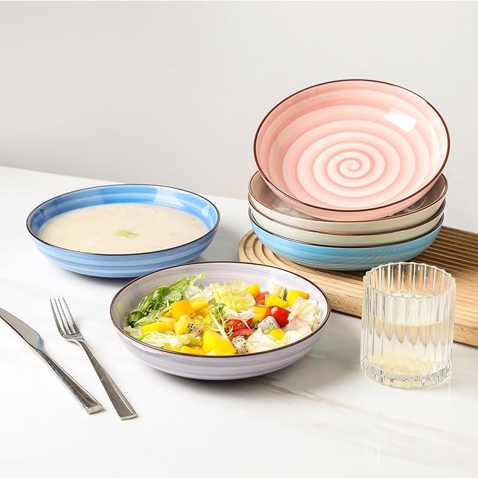 KitchenTour Large Pasta Bowls 34 oz, Ceramic Salad Serving Bowls Set of 6, 8.6 Inch Wide and Shallow Bowl for Soup- Dishwasher and Microwave Safe, Assorted Warm Colors