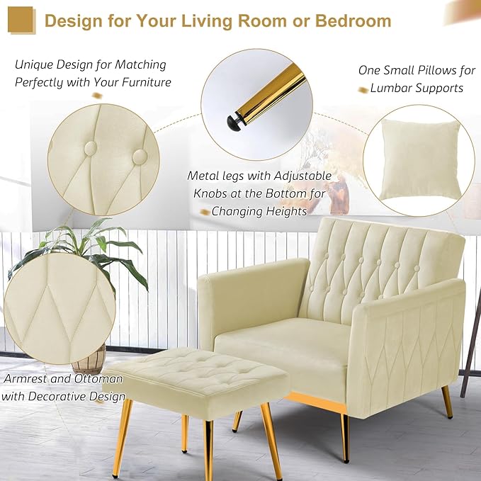 Velvet Accent Chair with Adjustable Armrests and Backrest, Button Tufted Lounge Chair, Single Recliner Armchair with Ottoman and Pillow for Living Room, Bedroom,Beige