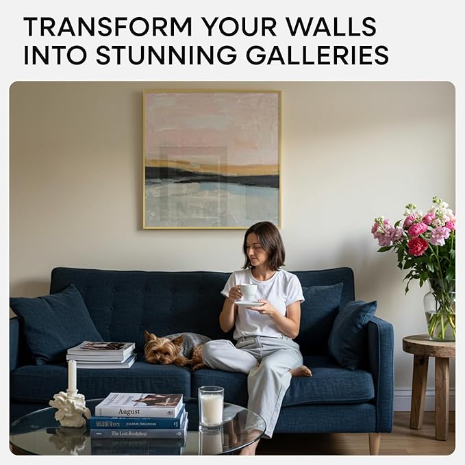 Homeforia 24x24 Gold Square Frame, High End Metal 24 x 24 Large Gold Poster Frames with Mat 20 by 20 for Photo, 24by24 Thin Picture Frame Matted to 20x20 inch Print, Tempered Glass, Wall Kit, Set of 2