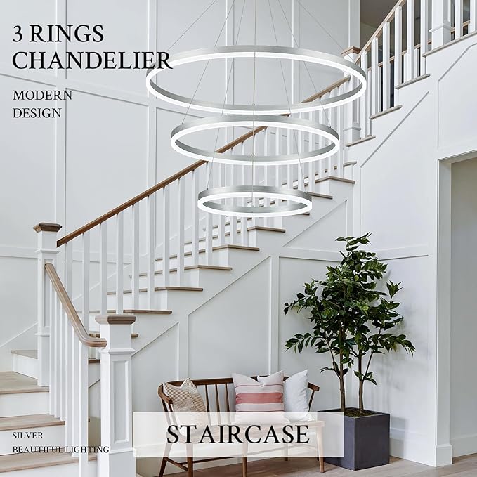 3-Rings Modern LED Chandelier Silver, Dimmable Pendant Lighting with Remote Control Circular Flush Mount High Ceiling Light for Living Room Dining Room Foyer, 3000K-6500K D31.5’’